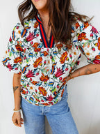 Multicolour Contrasted V Neckline Floral Puff Short Sleeve Blouse