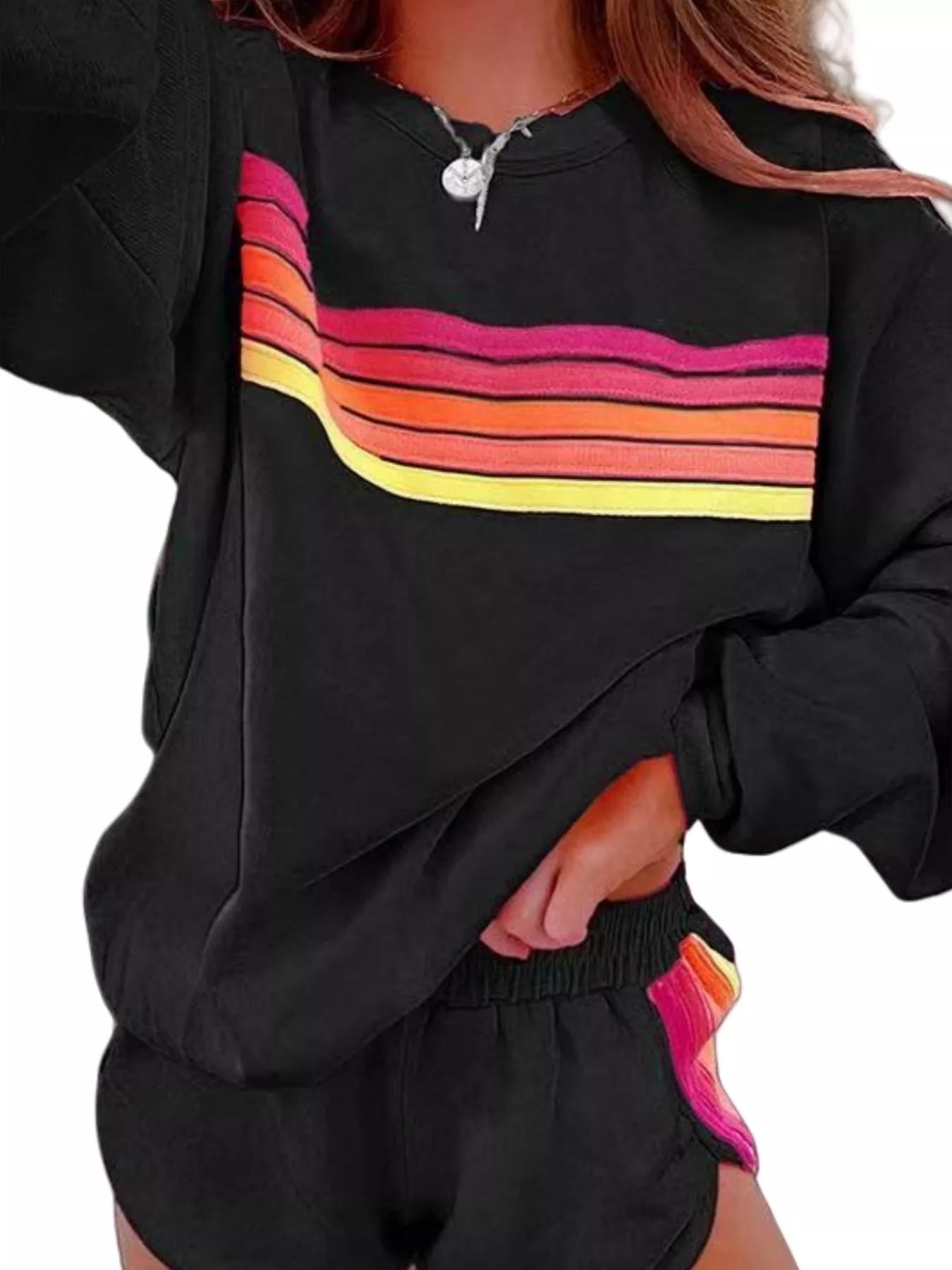 Striped Round Neck Sweatshirt and Shorts Set