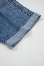 Button Flap Pocket Cuffed Short Sleeve Denim Shacket