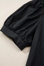 Short Puff Sleeve Contrast Embroidered Detail V Neck Blouse