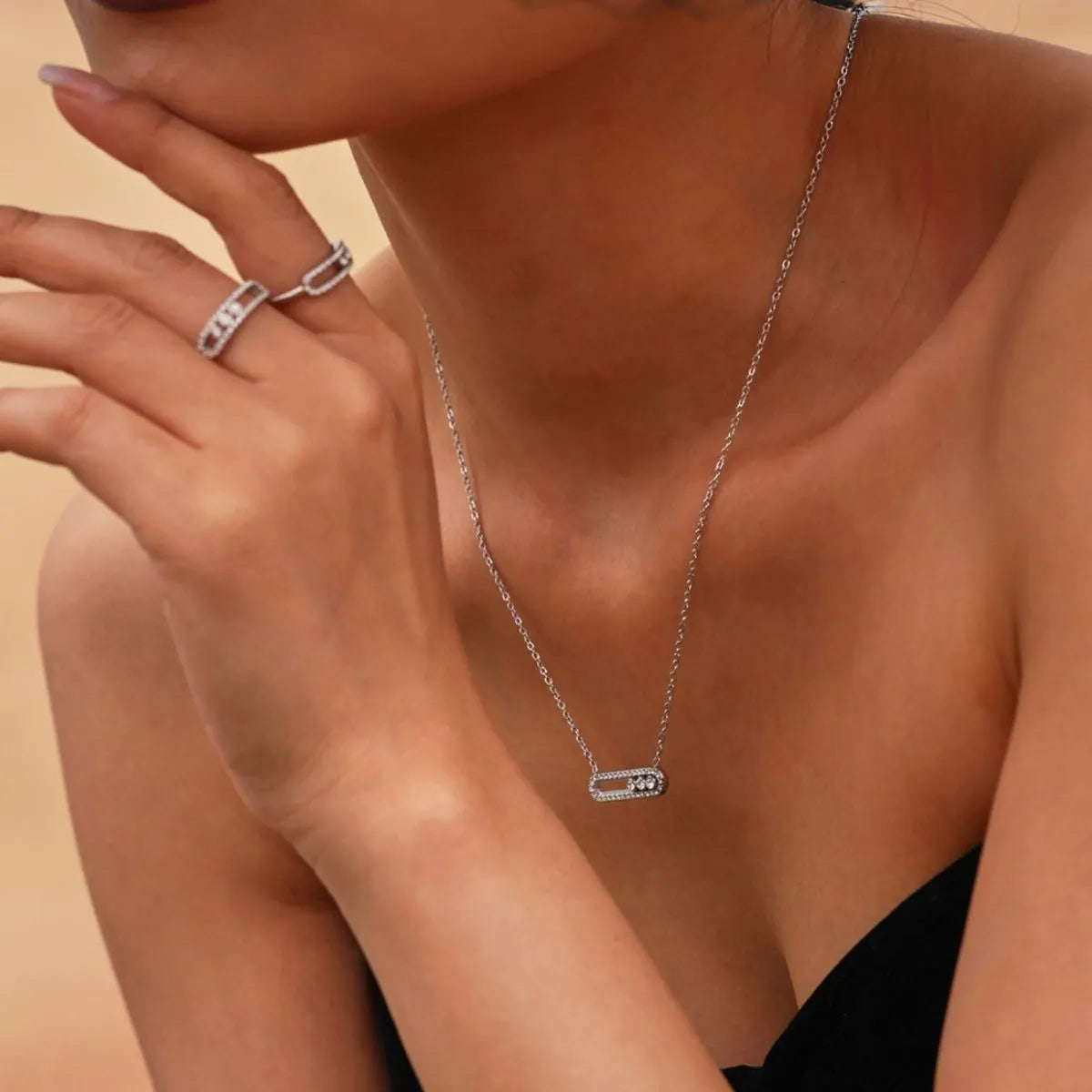 Moving Crystal Bar Necklace and Ring Jewelry Set