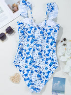 Floral Ruffled Strap Lace-up Hollow Out One Piece Swimsuit