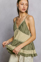 POL Button Front V-Neck Ruffled Cami with Pintuck Accents