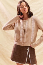SO ME Front Lace Trim Button Cardigan Sweater