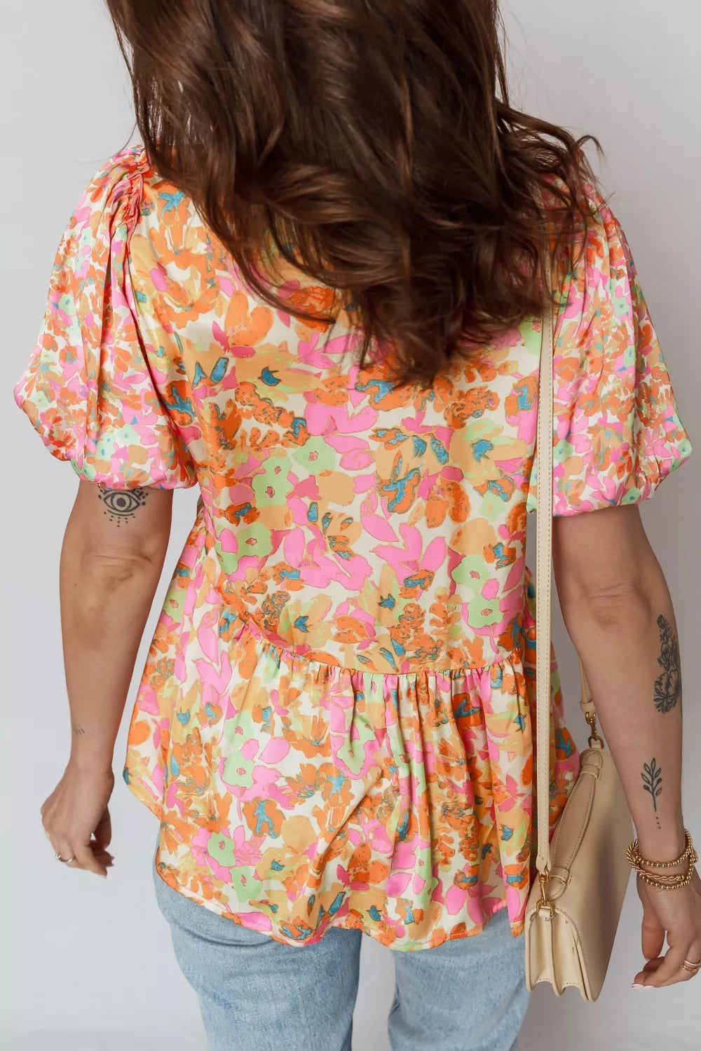 Split V Neck Short Sleeve Flower Blouse