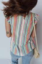 Lace Hollow-out Insert Flutter Sleeve Striped Blouse