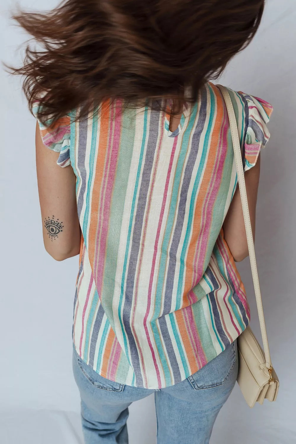 Lace Hollow-out Insert Flutter Sleeve Striped Blouse