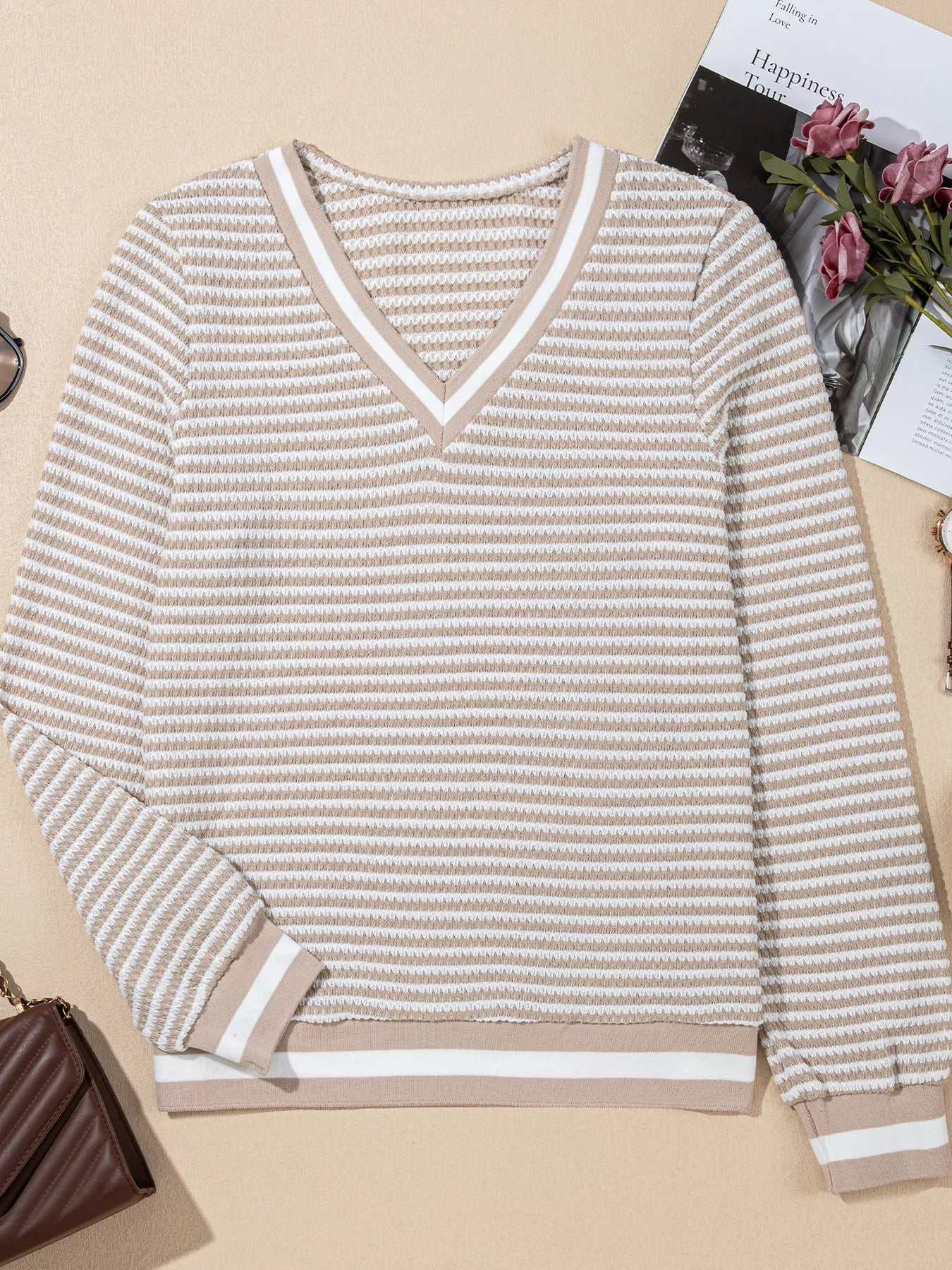 Striped Textured Knit V Neck Top
