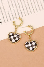 Black Checkered Heart Dangle Gold Plated Twisted Hoop Stud Earrings