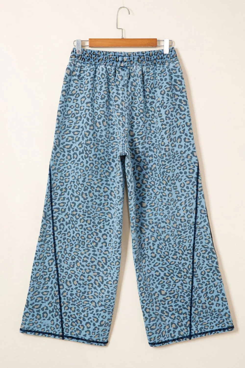 Leopard Print Exposed Seam Detail Wide Leg Drawstring Jeans