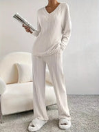 Ribbed Knit V-Neck Top and Pants Set