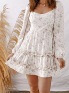 Floral Print Long Sleeve Ruffle Detail Flared Mini Dress