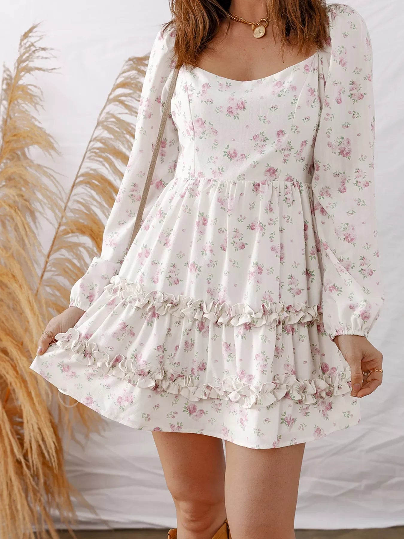 Floral Print Long Sleeve Ruffle Detail Flared Mini Dress