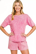 Zenana Halo Snow Washed Short Sleeve Tee and Shorts Set