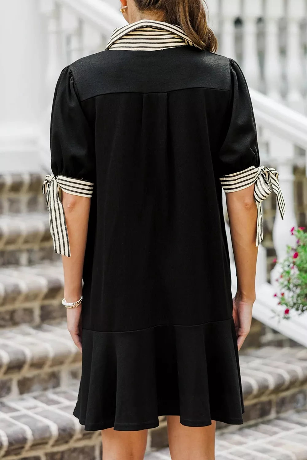 Stripe Detail Polo Collar Half Buttons Tied Short Sleeve Shift Mini Dress