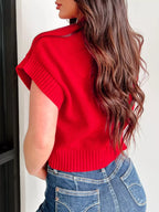 Heart Ribbed Hem Short Sleeve Sweater
