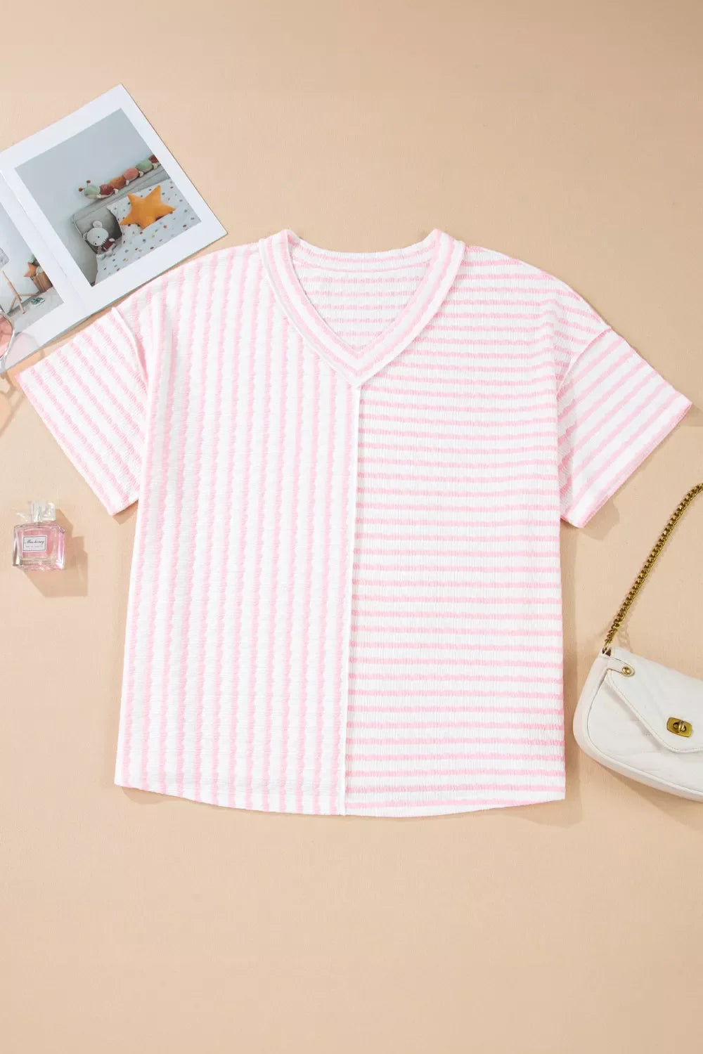Plus Size Stripe Plus Size V Neck Exposed Seam Patchwork T Shirt