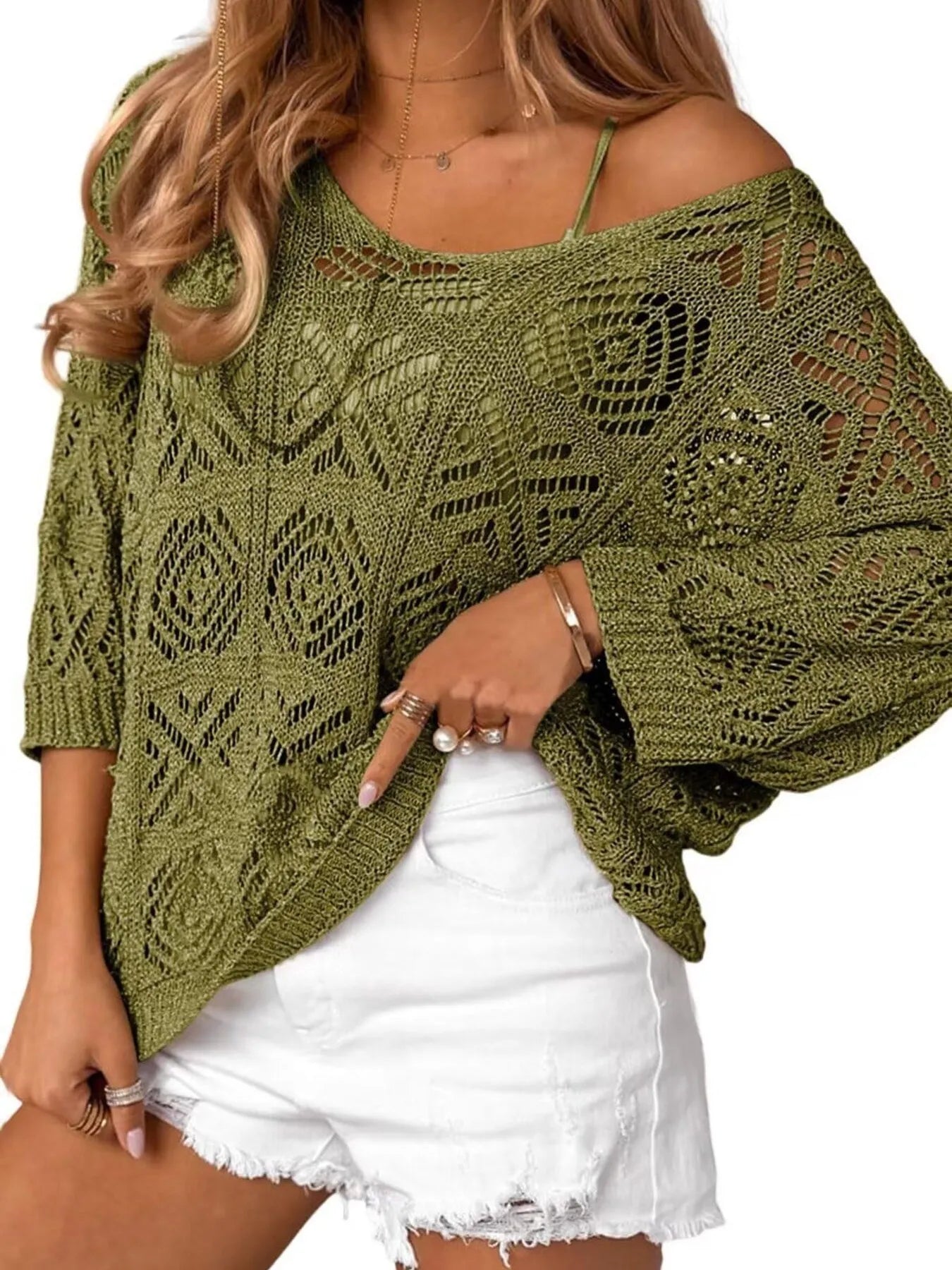 Openwork 3/4 Sleeve Knit Cover Up