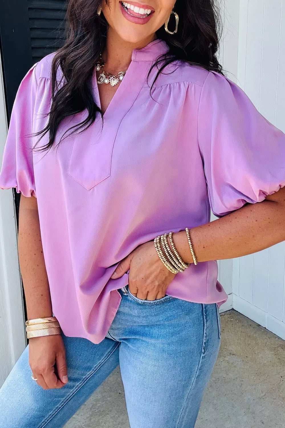 V Neck Puff Sleeve Summer Blouse