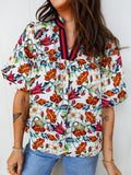 Multicolour Contrasted V Neckline Floral Puff Short Sleeve Blouse