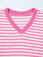 Stripe Textured Knit Contrast Trim V Neck Short Sleeve Top