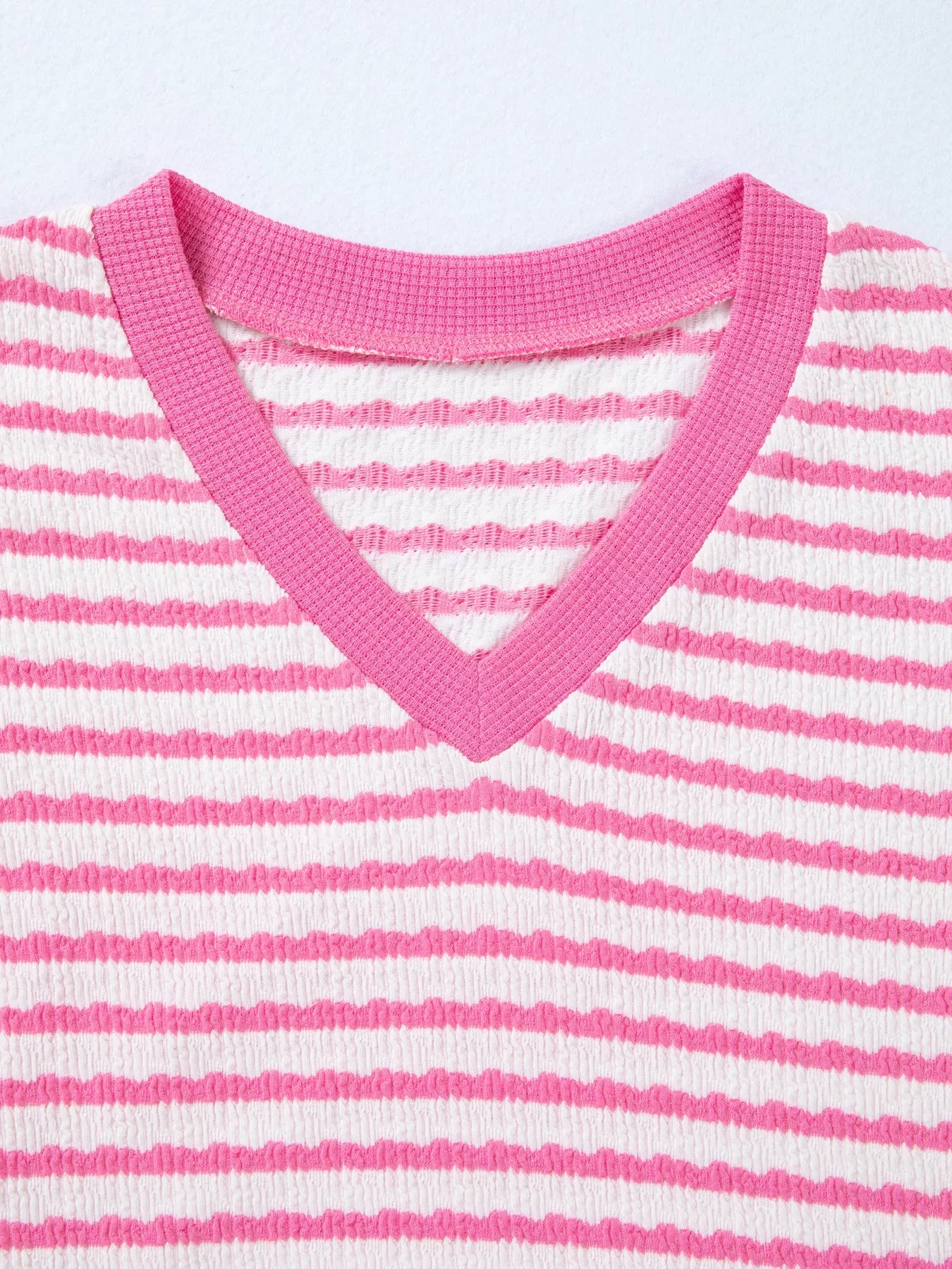 Stripe Textured Knit Contrast Trim V Neck Short Sleeve Top