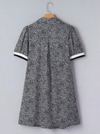 Leopard Print Contrast Striped Trim Polo Collar Short Sleeve Dress with Pockets
