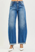 RISEN Full Size Mid Rise Barrel Double Roll Up Jeans Plus Size