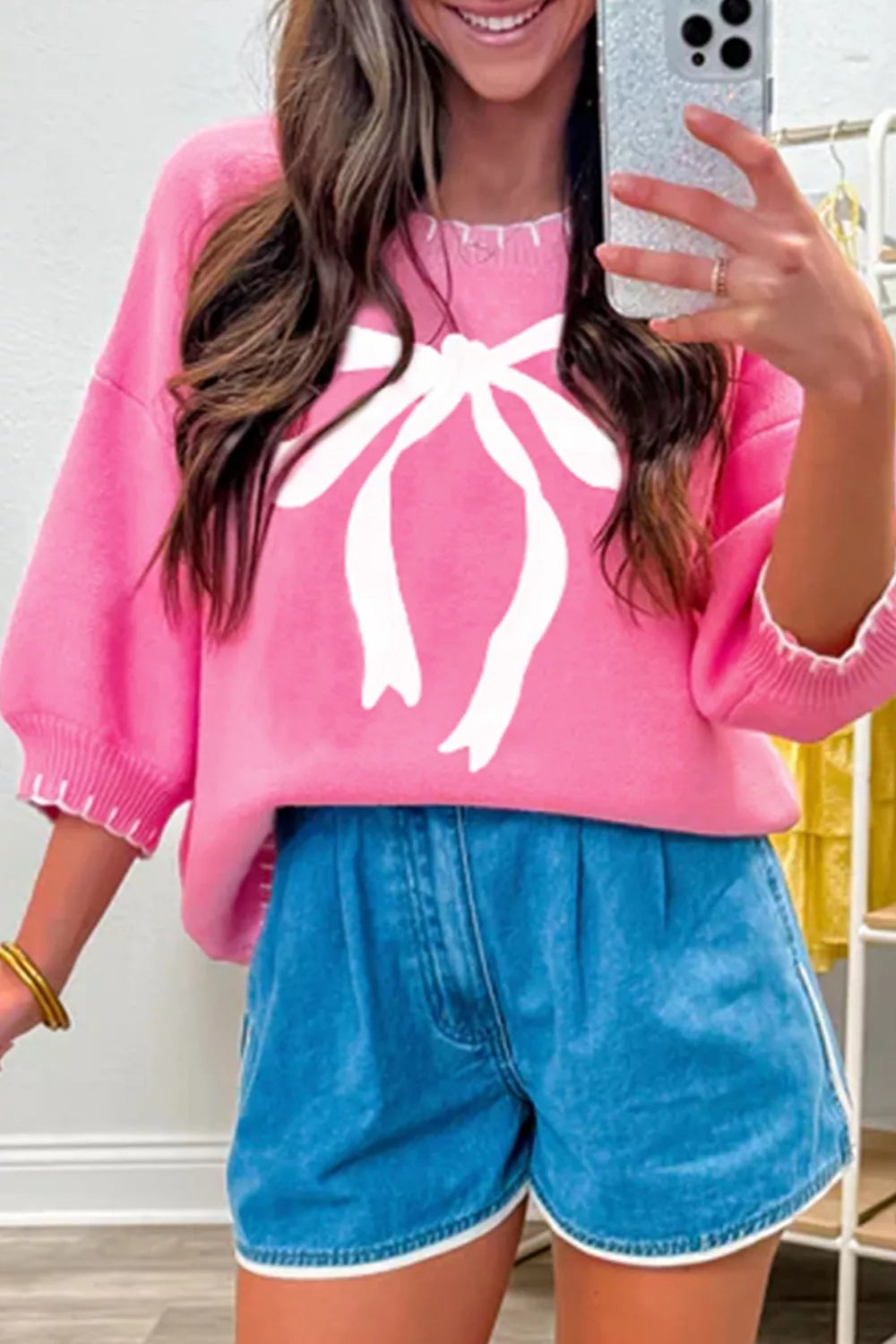 Ribbon Bow Print Contrast Stitch Trim Drop Shoulder Sweater