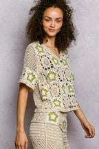 POL Button Front V-Neck Crochet Cardigan with Contast Star