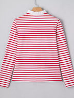 Stripe Contrast Frilled Trim Half Button Long Sleeve Top