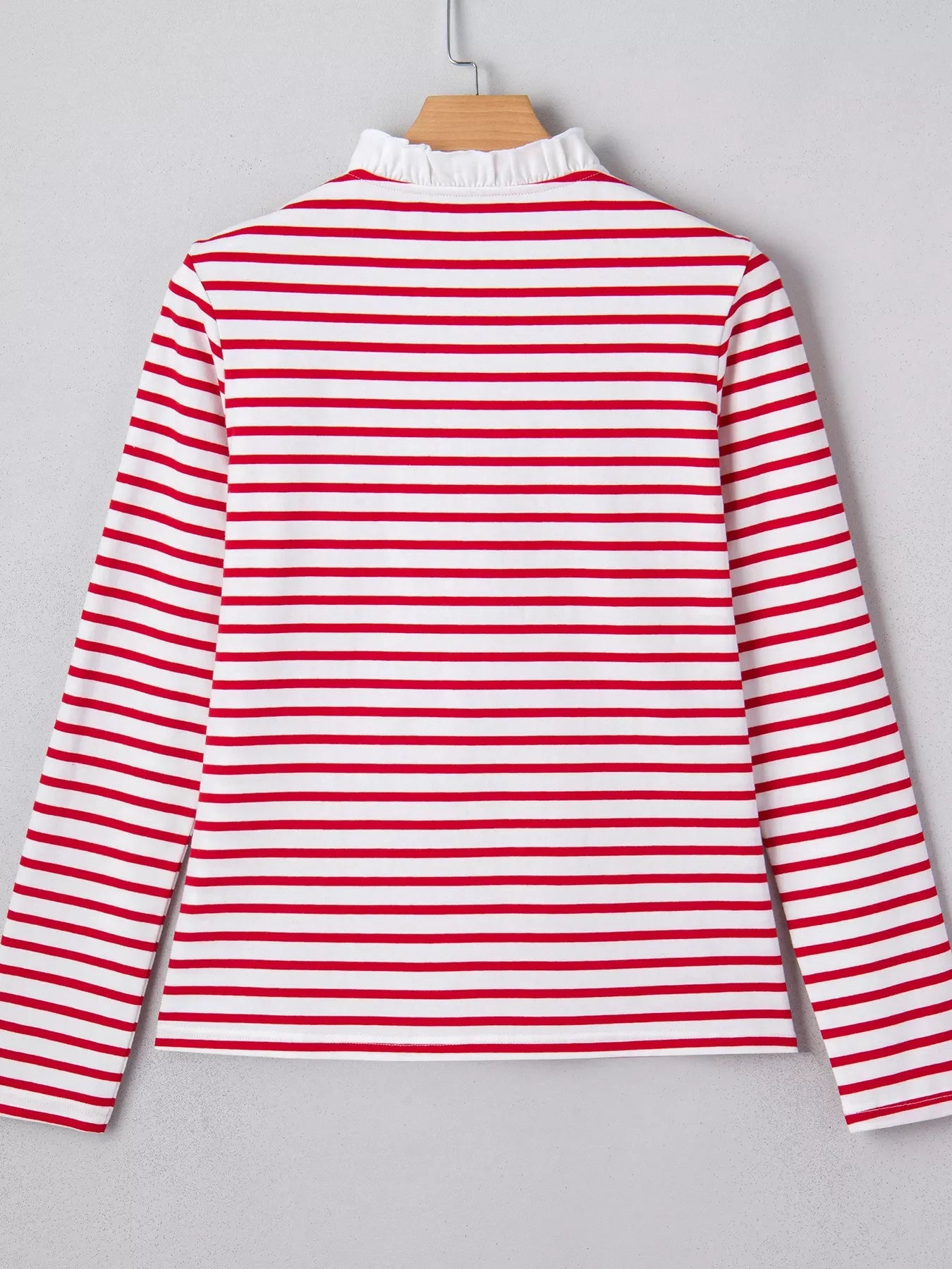 Stripe Contrast Frilled Trim Half Button Long Sleeve Top