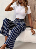 Full Size Striped High Waist Wide Leg Pants Plus Size