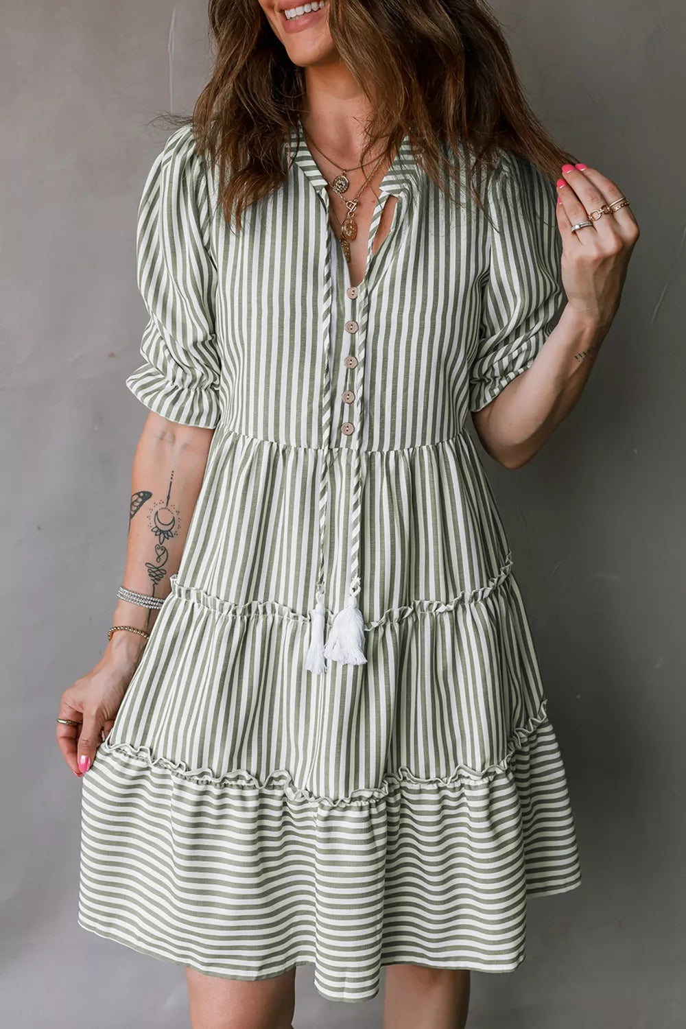 Stripe Tasseled Tie Neck Ruffled Short Sleeve Tiered Flattering Dress