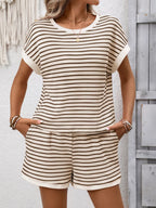 Striped Casual Round Neck Top and Shorts Set