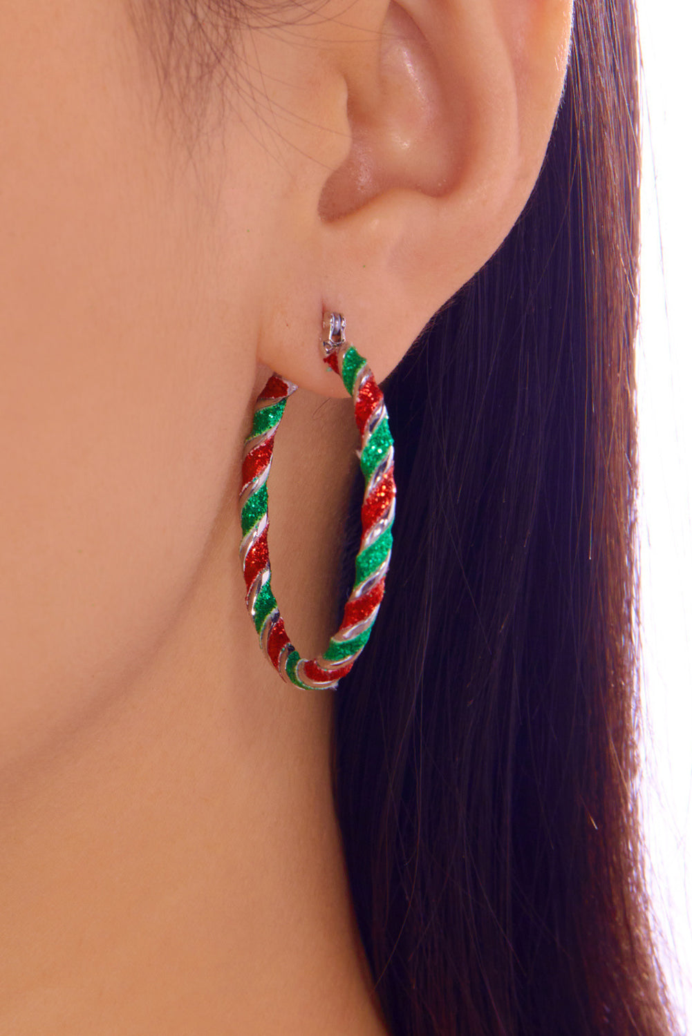 Fiery Red Christmas Structured Glitter Hoop Earrings