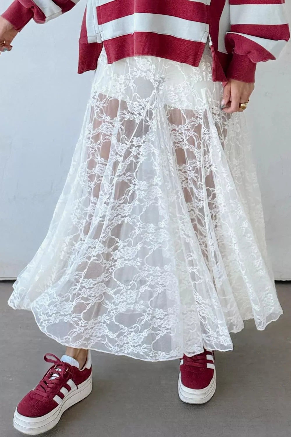 Sheer Floral Lace Flowy Maxi Skirt