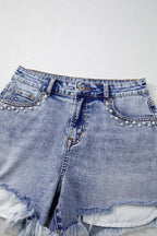 Pearl Studded Pockets Raw Hem Denim Shorts