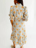 Floral Print Ruffle Trim Smocked Midi Dress