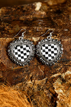 Black Crystal Checkered Heart Studded Trim Vintage Earrings