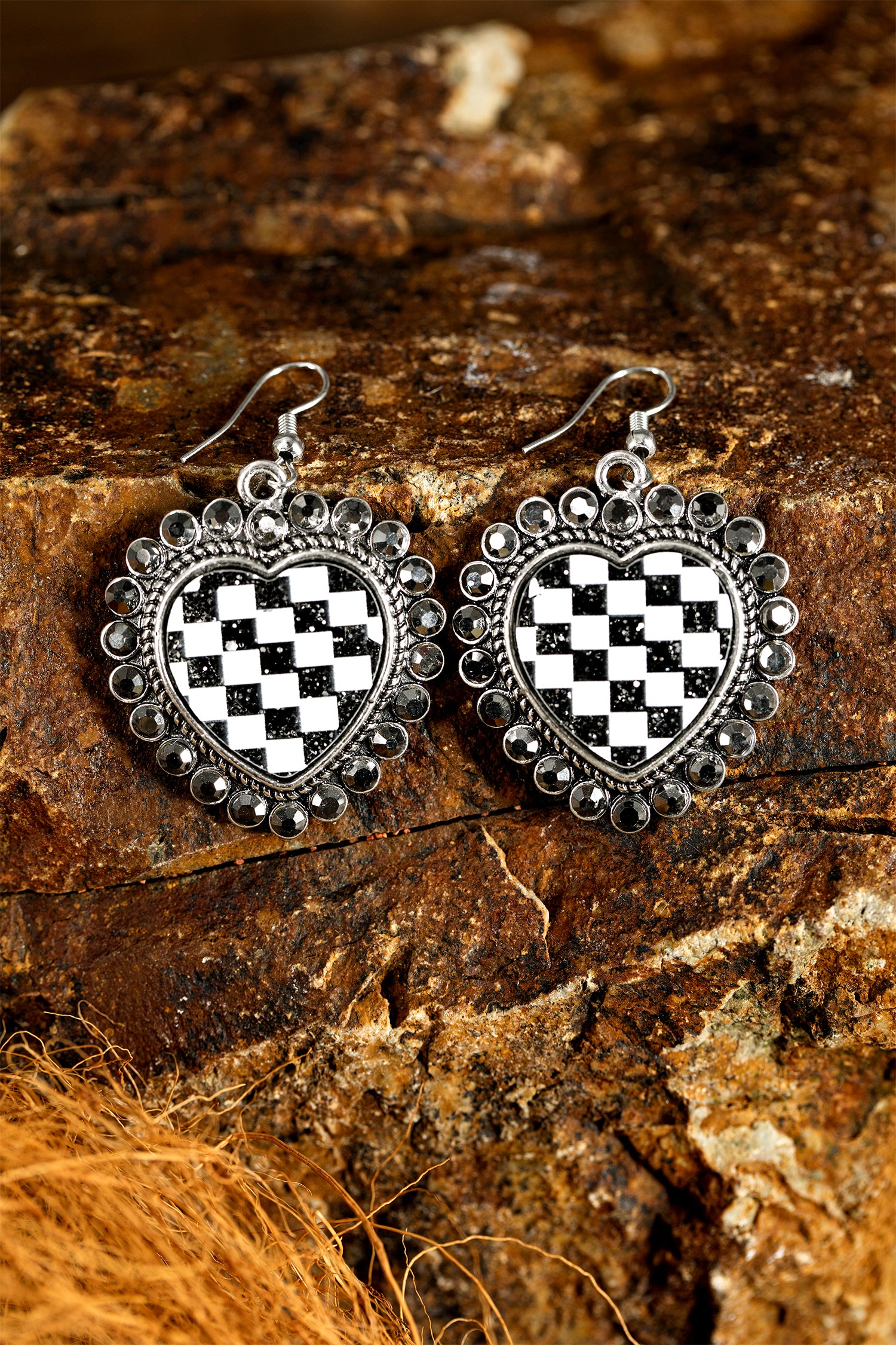 Black Crystal Checkered Heart Studded Trim Vintage Earrings
