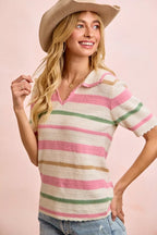 BiBi Multi Colors Stripes Collared Knit Top