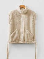 Faux Fur Snap Button Front Knot Side Plush Vest with Pockets
