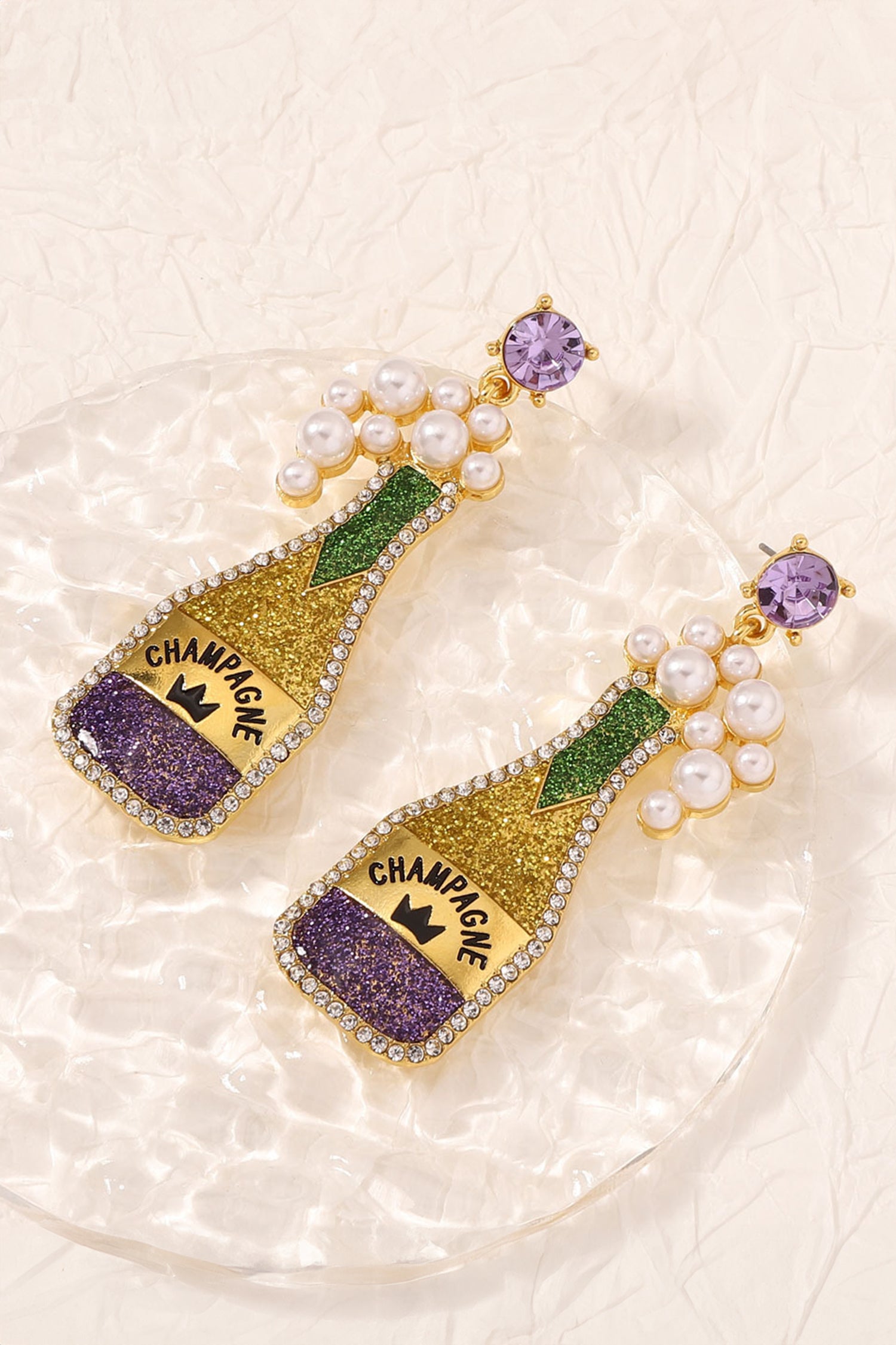 Gold Mardi Gras Shimmery CHAMPAGNE Pearl Rhinestone Studded Earrings