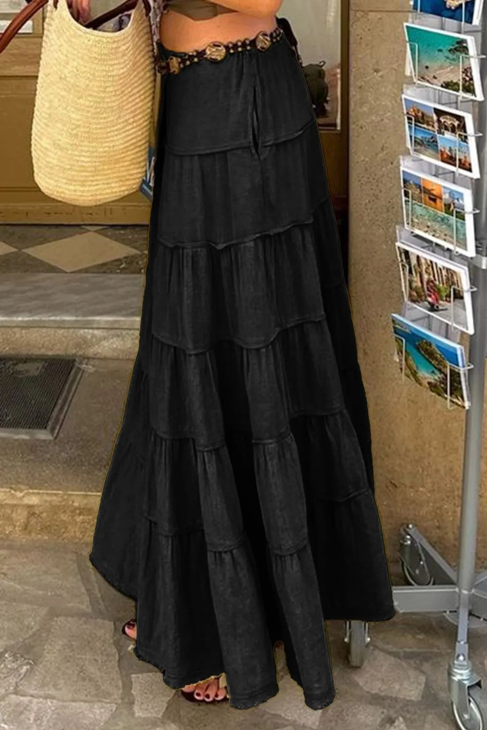 Bohemian Tiered Maxi Skirt with Drawstring Waist