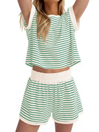 Full Size Striped Round Neck Top and Shorts Set Plus Size