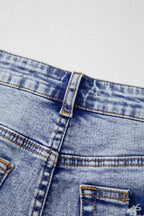 Pearl Studded Pockets Raw Hem Denim Shorts
