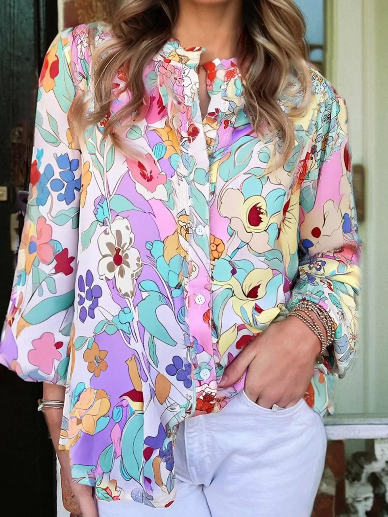 Floral Print Patchwork Frilly Neckline Long Sleeve Shirt