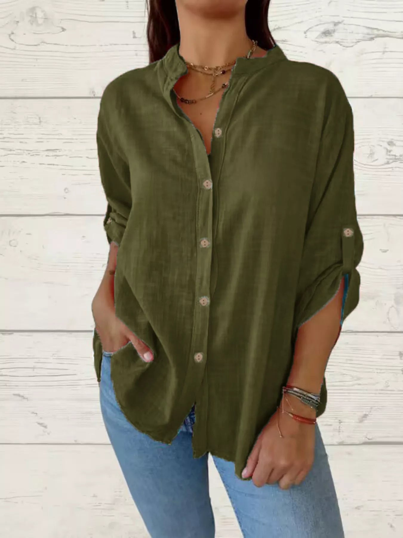 Full Size Casual Button-Down Roll-Up Sleeve Shirt Plus Size