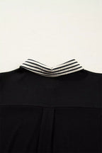 Stripe Detail Polo Collar Half Buttons Tied Short Sleeve Shift Mini Dress